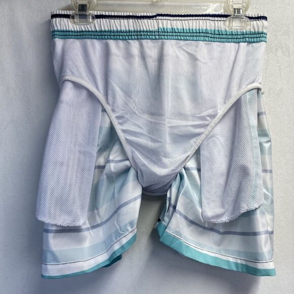 Elastic & Drawstring Waist Swimwear Shorts Men Small Green Stripes Side Pockets - Picture 7 of 11